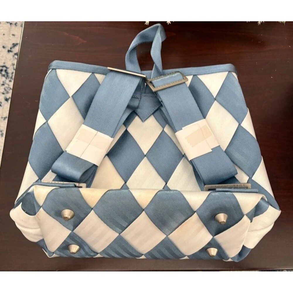 For Sale: Maggie Bags Woven Seatbelt Backpack Blue/Cream Checkerboard - Picture 2 of 3